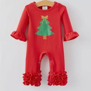 NEW Girls Red Christmas Tree Long Sleeve Ruffle Romper
